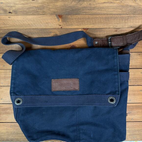 Abercrombie & Fitch Messenger Bag Blue Canvas Y2K Spell Out Leather Patch 17x13 - Picture 1 of 12
